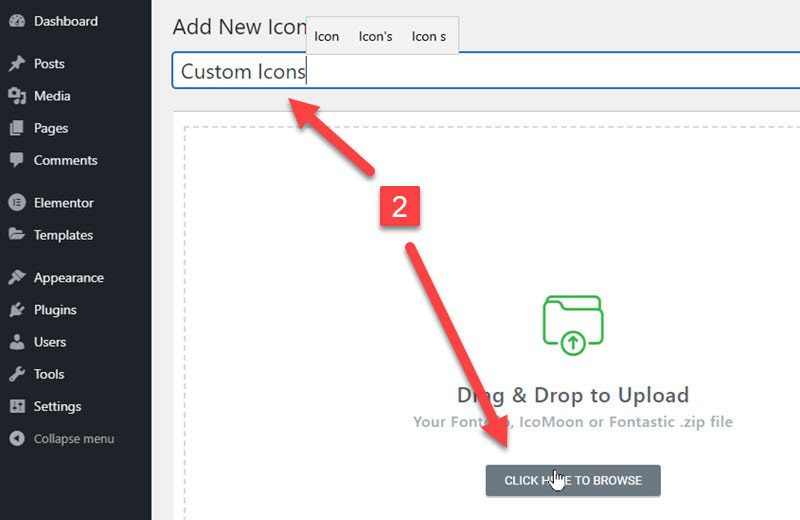 Upload Elementor Custom Icons File