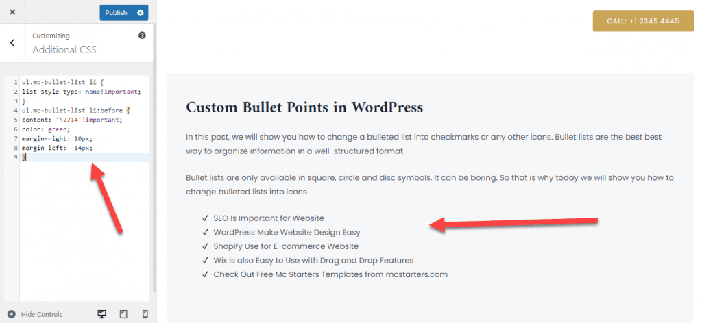 Custom css for bullet point wordpress