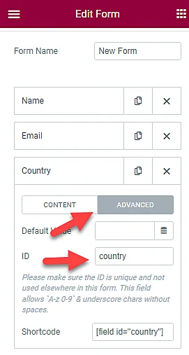 ADVANCED Id in Elementor Form for Country