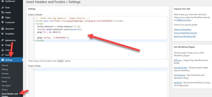 Paste google analytics code in header