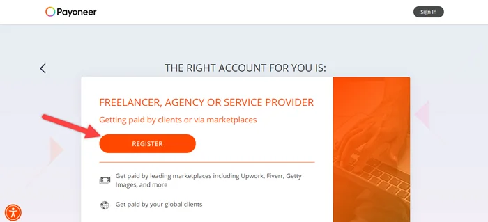 Click on Payoneer Register Button