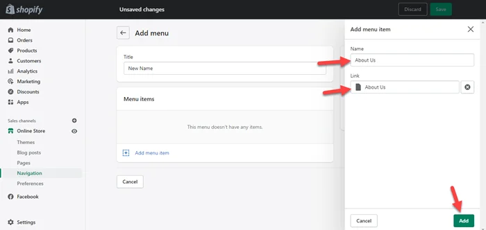 Shopify add menu items
