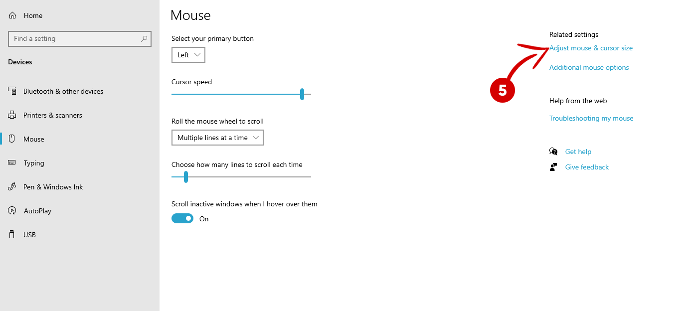 adjust mouse and cursor size