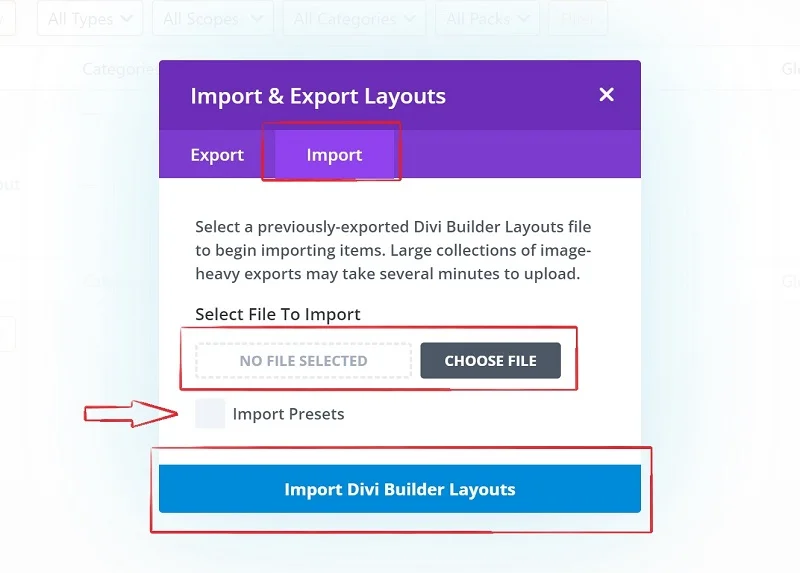 Divi Import and Export Layout