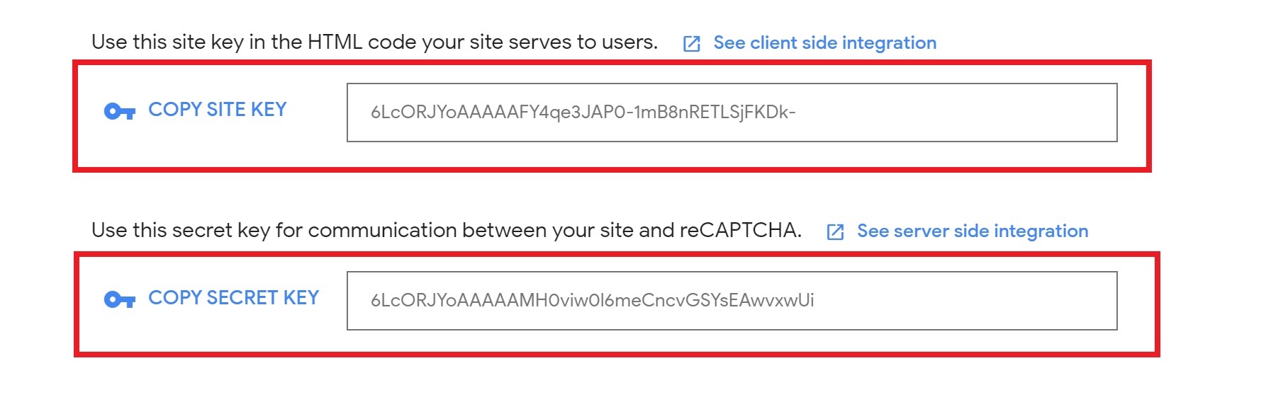 Copy site key and srcret key