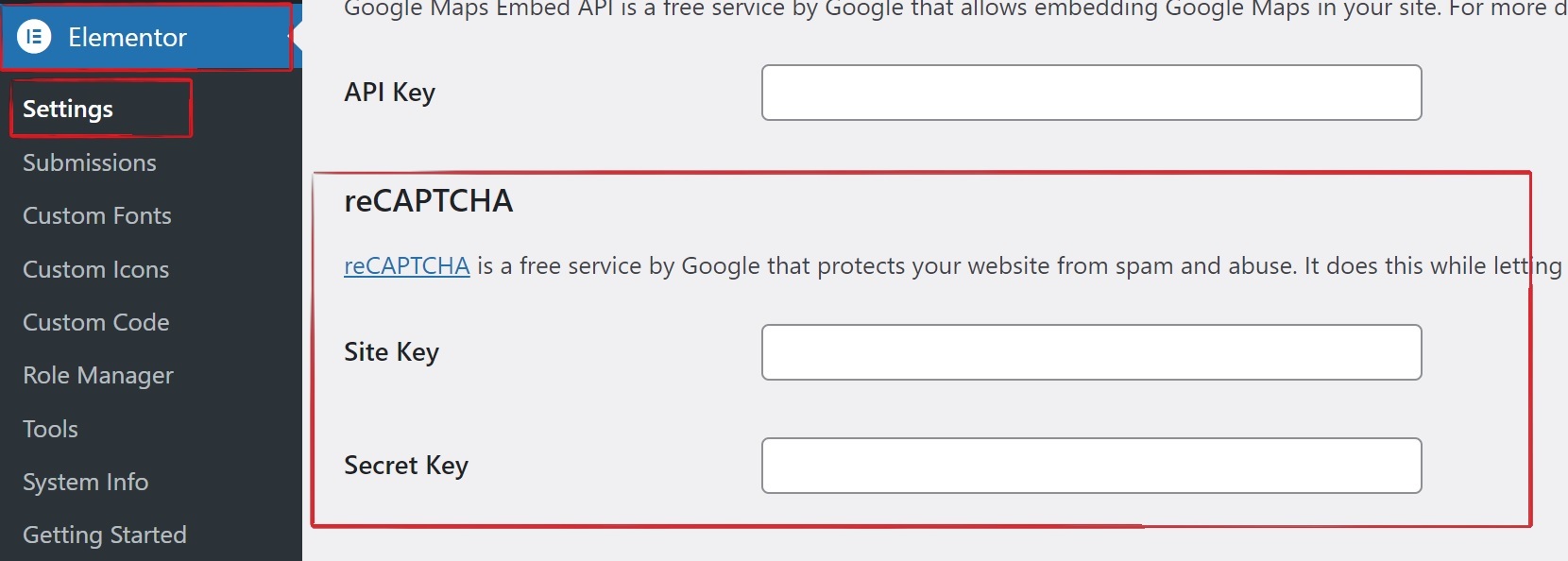 Elementor Setting Recaptcha