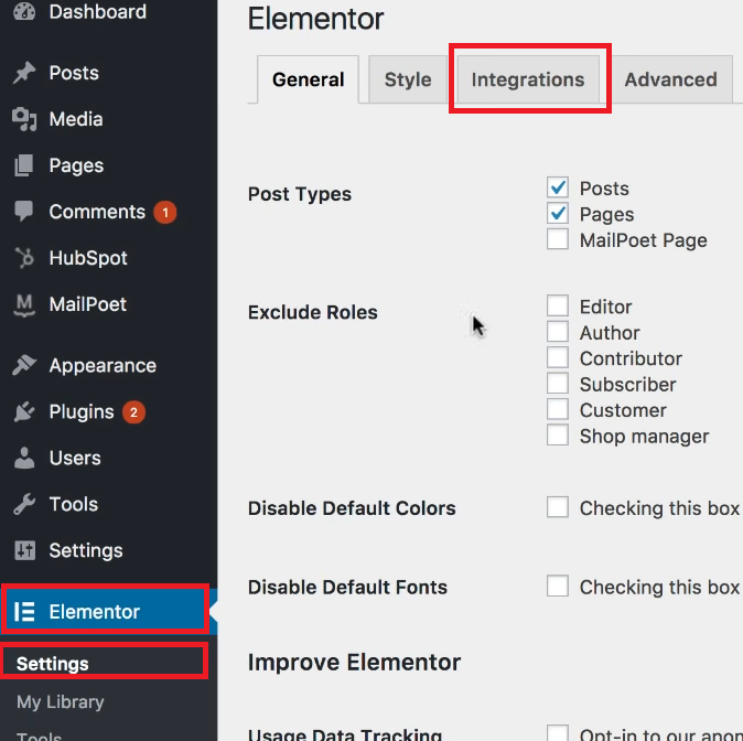 Elementor  Settings  Integrations Tab