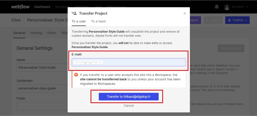 add email address and press the transfer button