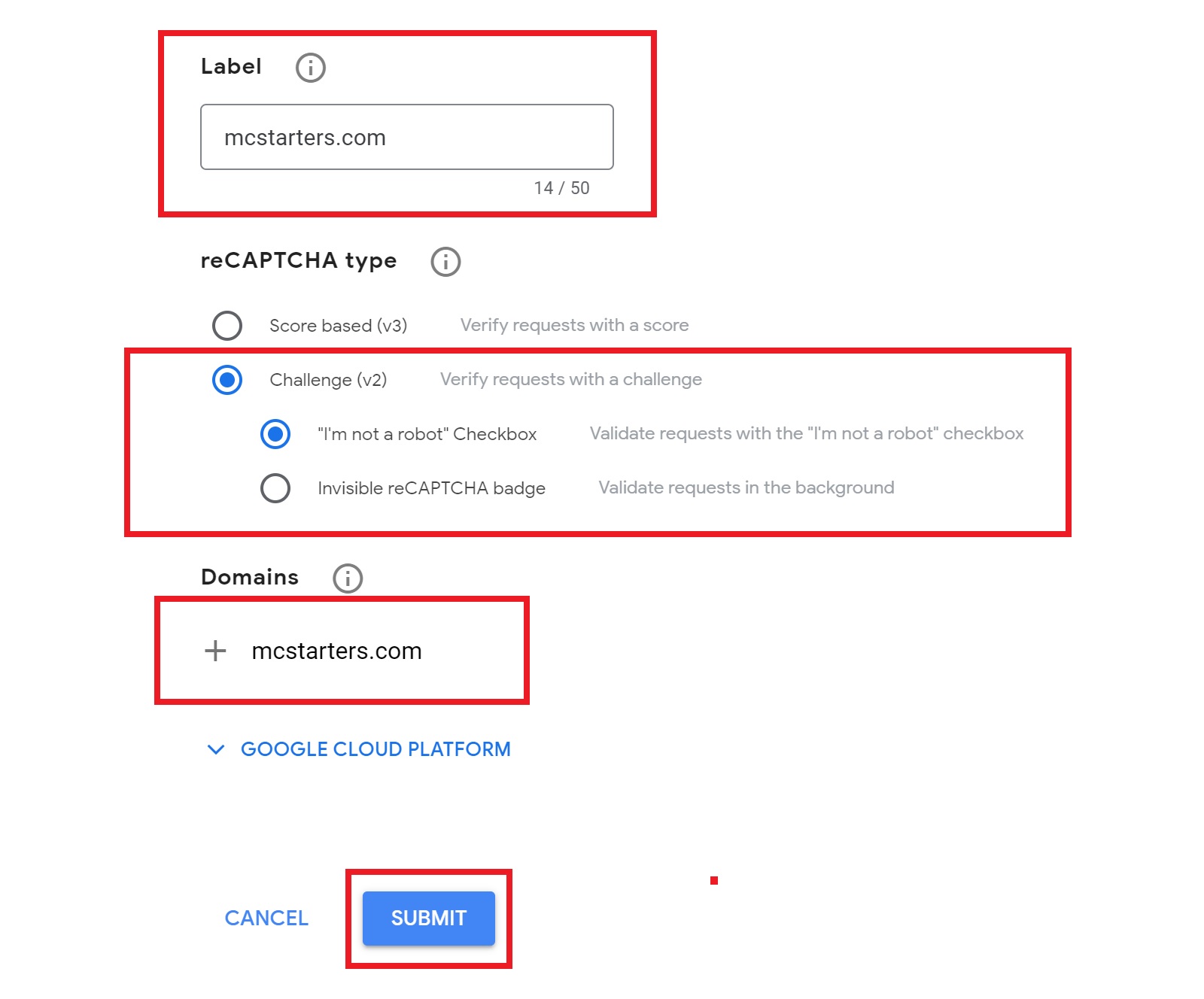 reCAPTCHA site key