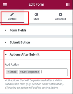 Click Actions After Submission. Under Add Action choose GetResponse