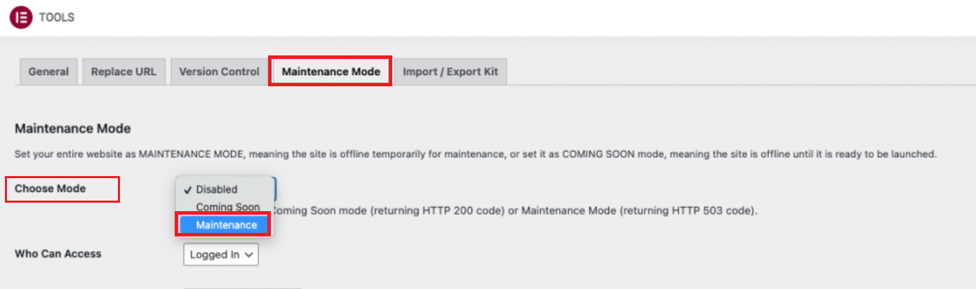 Elementor → Tools → Maintenance Mode in your WordPress dashboard