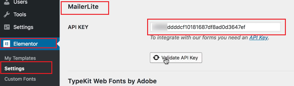 Go to Elementor Settings, Integrations, and paste MailerLite API key