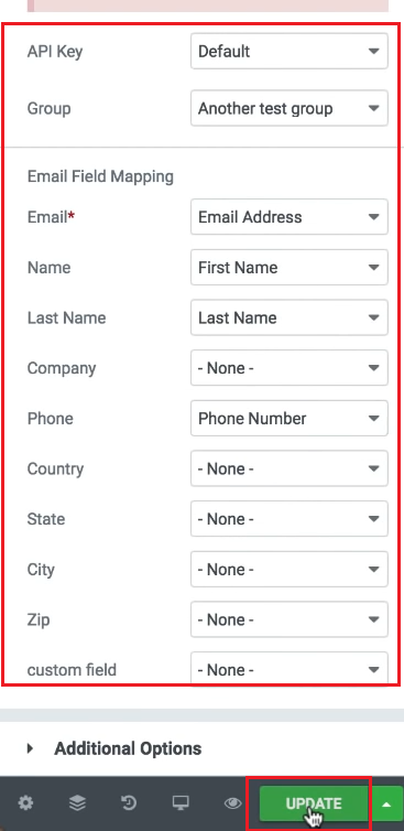 In the MailerLite section, keep the default API key or enter a custom one if necessary. Select the MailerLite group for the form