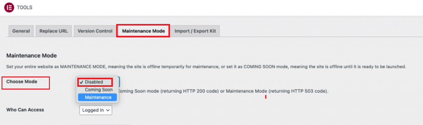 Elementor  Tools  Maintenance Mode and set it to 'Deactivate'.