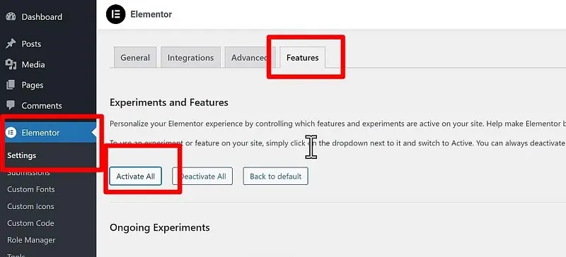 Activate all Elementor new features