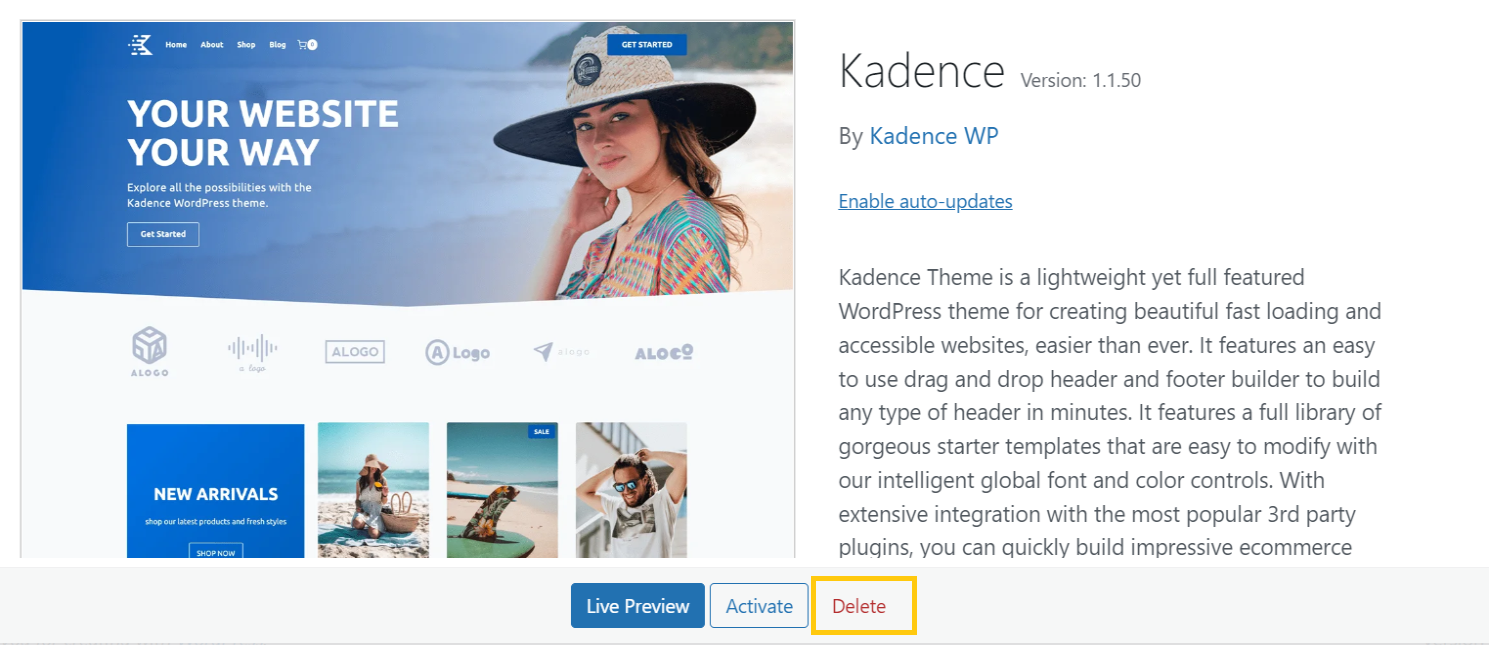 Click the delete button then WordPress theme delete with the dashboard