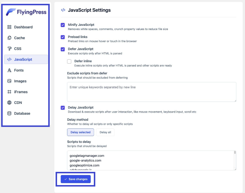 FlyingPress features dashboard