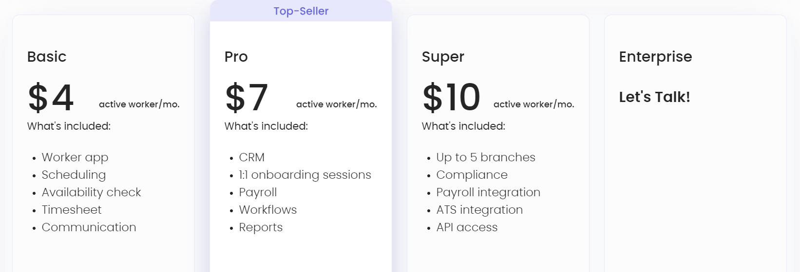 Ubeya pricing table