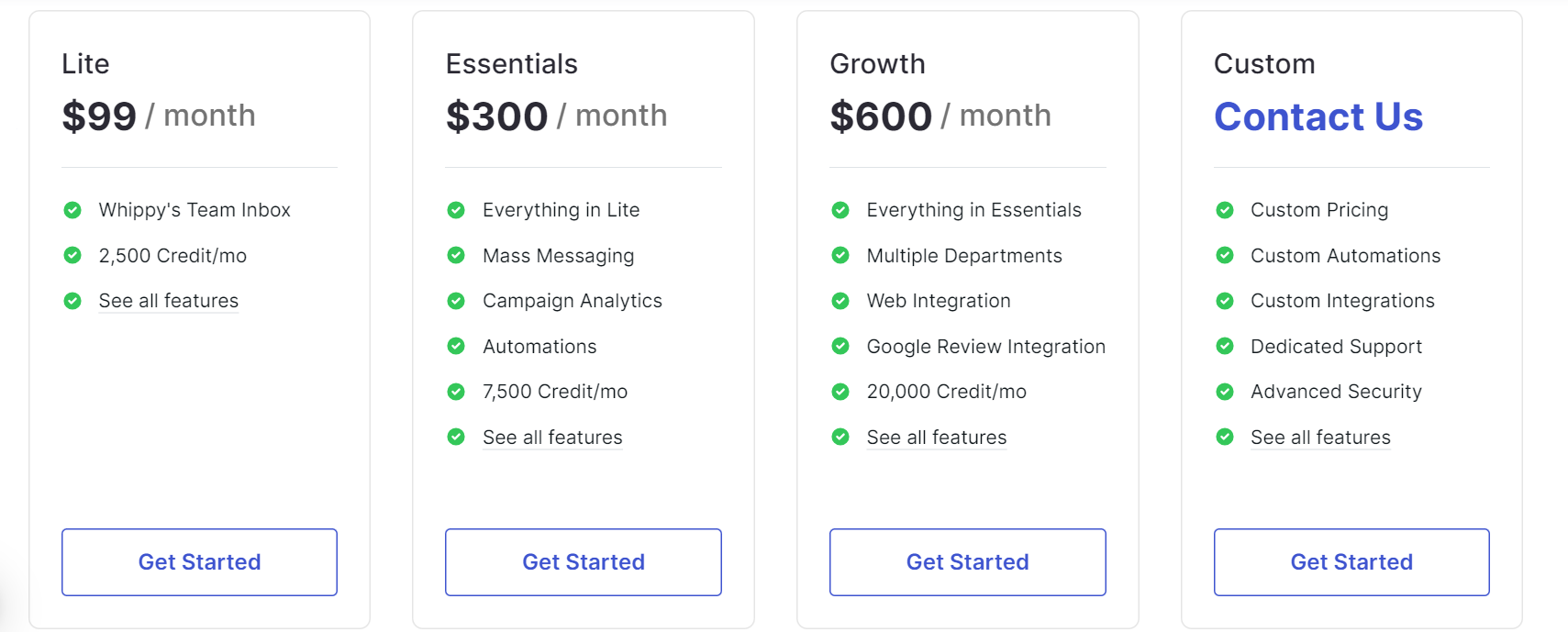 Whippy pricing table