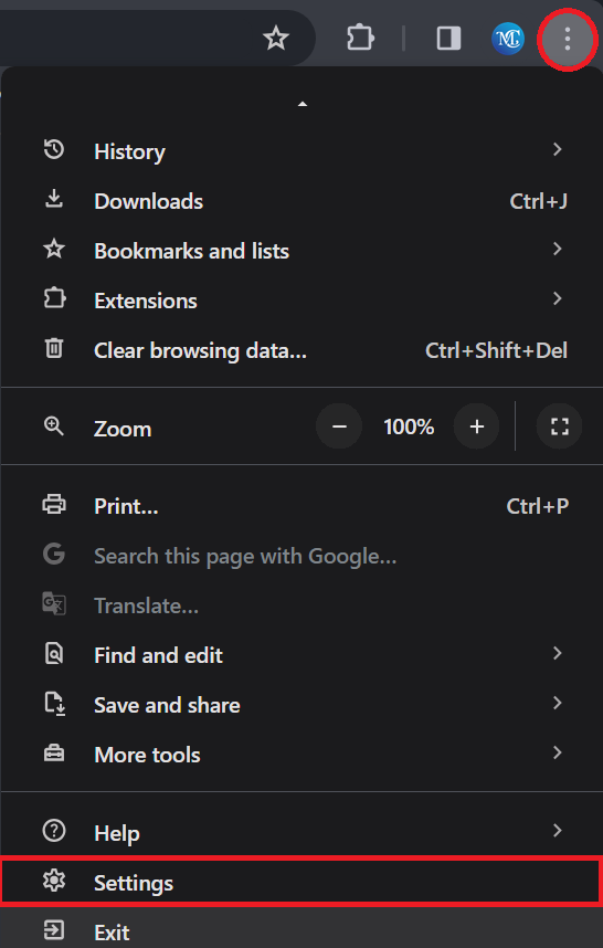 Click on the three-dot icon located on the top right corner of your browser. Select “Settings” from the menu.