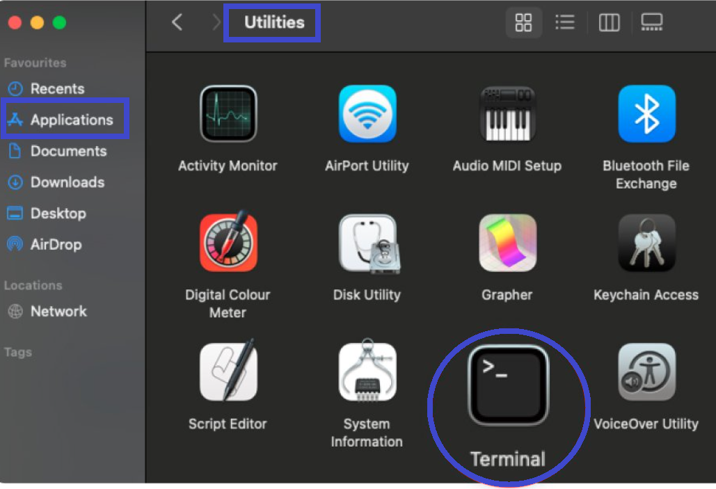 Go back to Utilities and choose Terminal