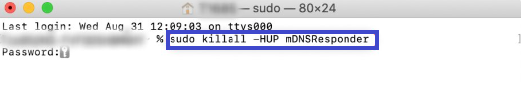 Type the “sudo killall -HUP mDNSResponder” command into the terminal and press “Enter.