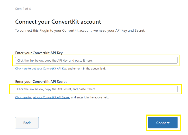 Paste API key and API secret keys into the setup wizard