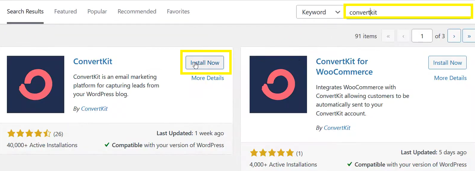 Search convertkit in the search bar. click on the install now button.