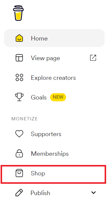 Go to shop section in the buy me a coffee dashboards