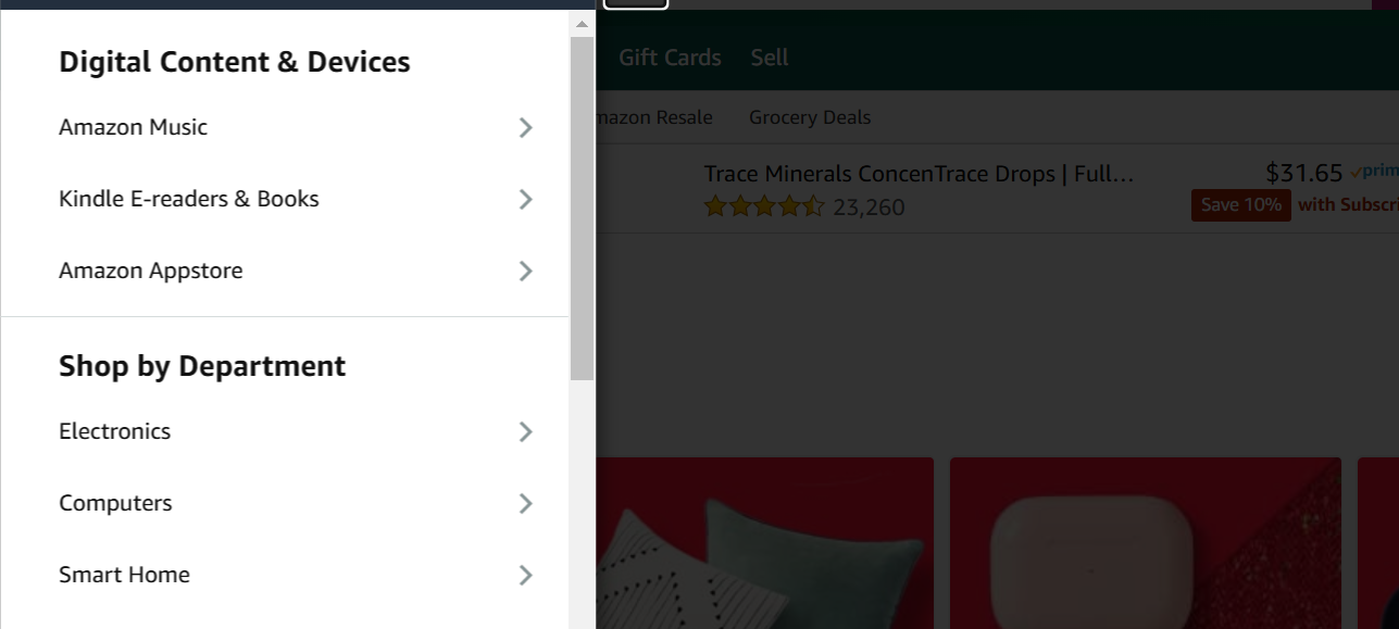 Amazon mega menu