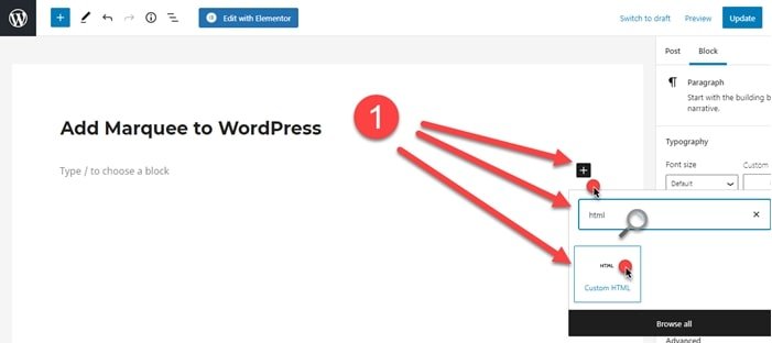 Add scrolling text in WordPress, Elementor, Divi 1 WordPress Default Editor