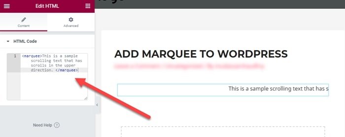 Add scrolling text in WordPress, Elementor, Divi 4 add custom html into Elementor