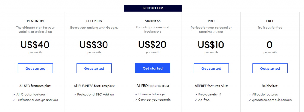 Jimdo Price Plan