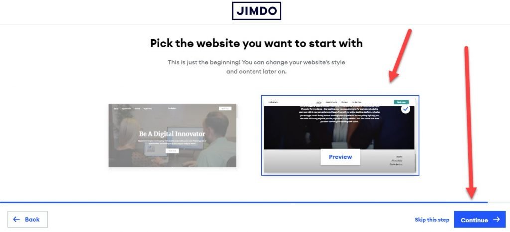 Pick Website in Jimdo Website Builder