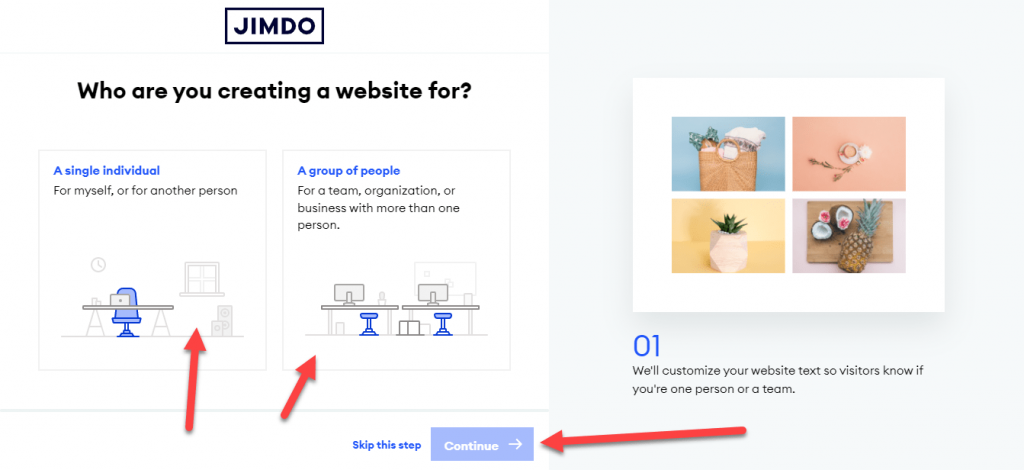 Who are you creating a website for Jimdo wizard