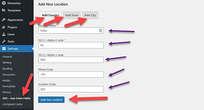 How to add Countries, States, and Cities on Elementor forms? 10 Add New Location country, state, and city