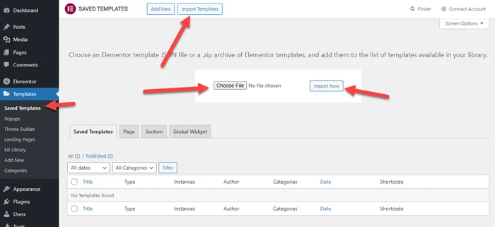 Import Elementor Footer Json File