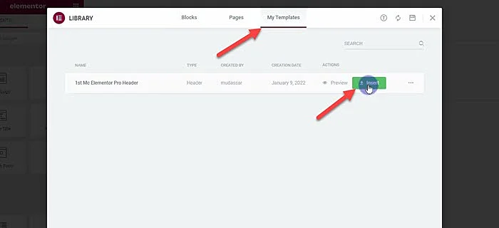 Insert template in Elementor