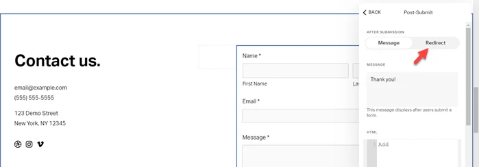 How to Redirect to another page after form submit Squarespace 3 Click on Redirects