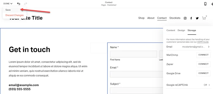How to change the email used in the contact form Squarespace 5 Save Squarespace page