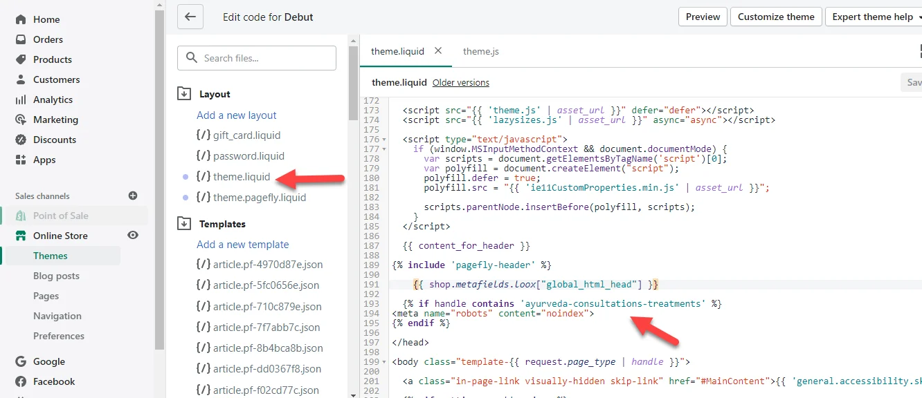 How to hide a page from the search engines in Shopify 2 Shopify theme liquid layout file