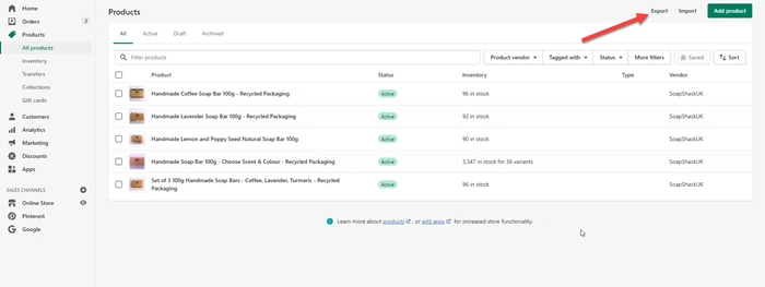 How to import and export products in Shopify 1 Click on Export