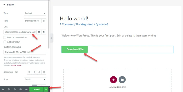 How to Create A Download Link With Elementor 3 add custom attribute download