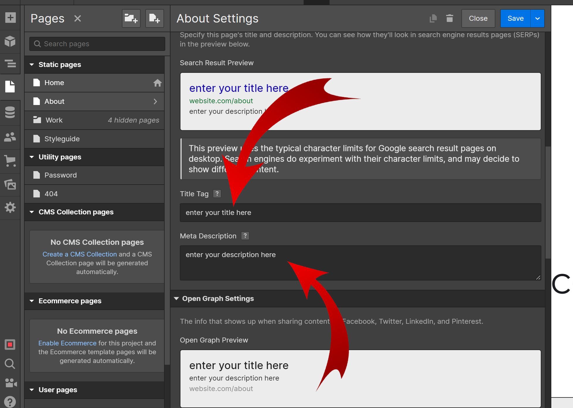 How to Add SEO title and meta description in webflow 4 webflow seo settings