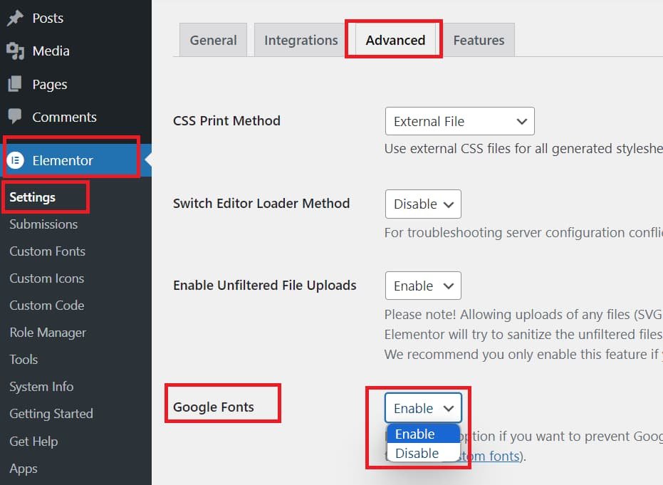 How to Enable and Disable Google Fonts in Elementor 1 Enable and Disable Google Fonts