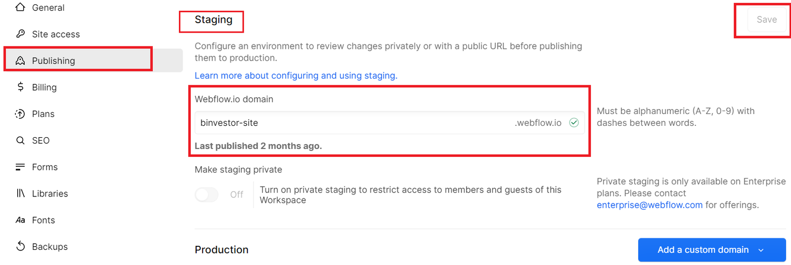 How to Change Your Webflow Staging Subdomain URL 2 Staging
