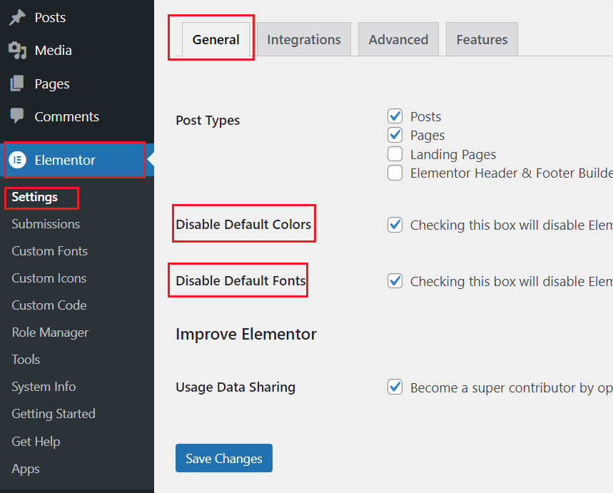 disable Elementor default colors and fonts