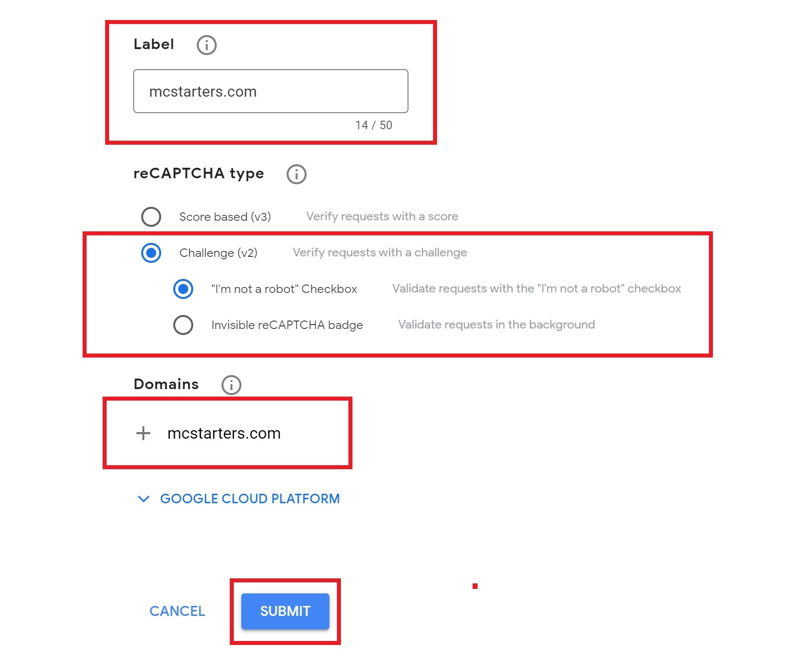 reCAPTCHA site key