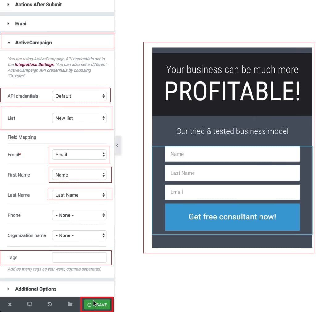 Add an active campaign action to your form