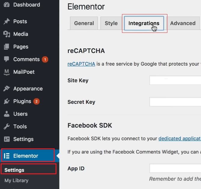 in Elementor open Settings go to Integrations